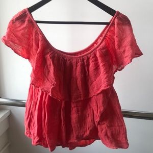 Jen’s pirate booty melon/coral gauze flounce top